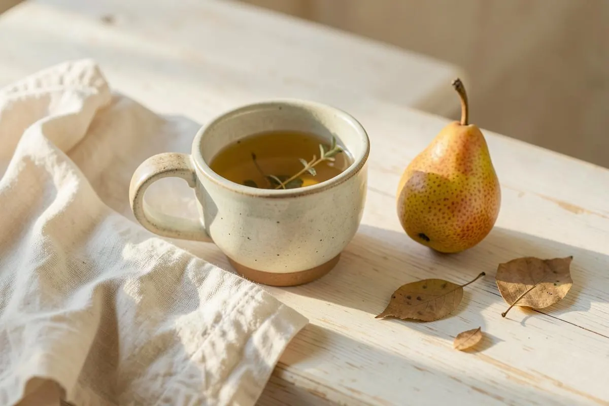 Infusión, pera, lino y hojas secas sobre madera clara